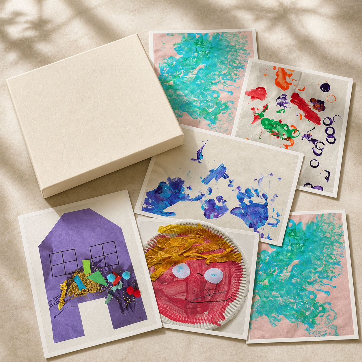 A cream keepsake box surrounded by postcards of colourful children’s artwork