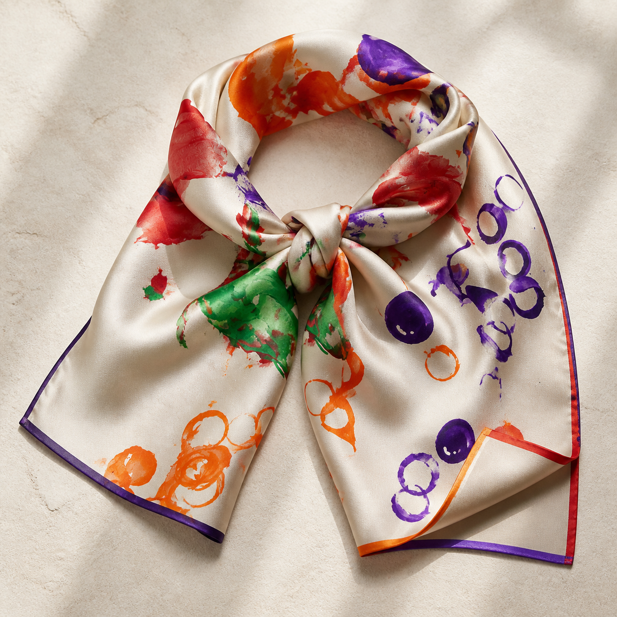Ivory silk scarf with colourful painted marks in orange, red, green and purple